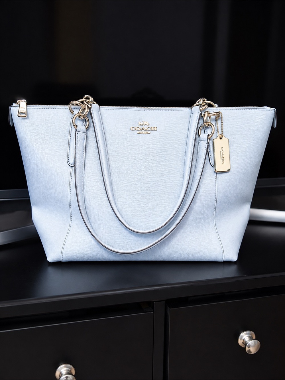 Coach Pale Blue Leather Tote with Gold Accents